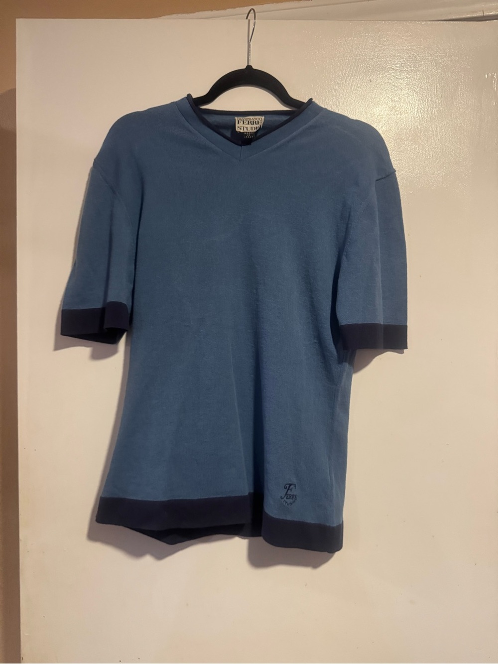 Vintage Gianfranco Ferré Studio Italy Blue Knit V Neck Shirt Men’s L